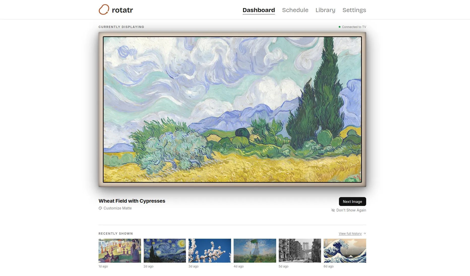 The Rotatr dashboard, showing the artwork currently on the TV, its title, and the images shown over the past six days.