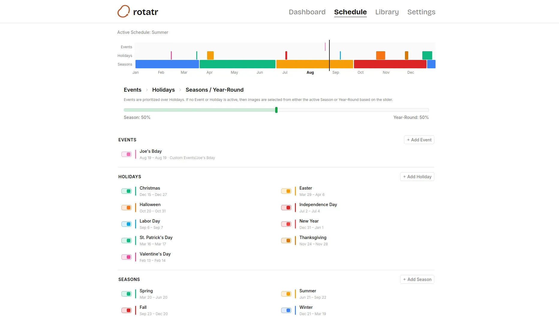 Rotatr schedule view showing the Events, Holidays, and Seasons priority timeline across the year.