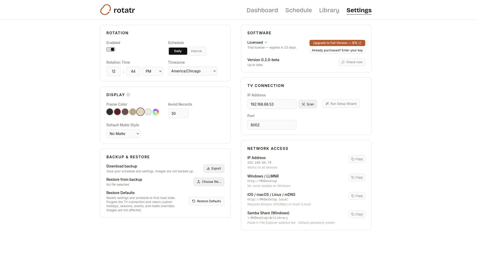Rotatr settings page for rotation timing, display, TV connection, and network access.